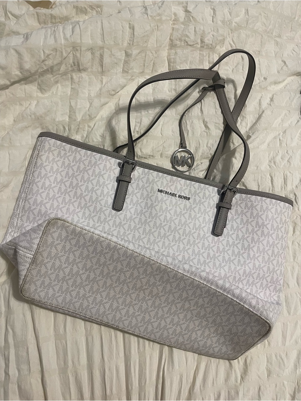 Michael Kors Signature Logo Tote in Light Gray and Gray Trim